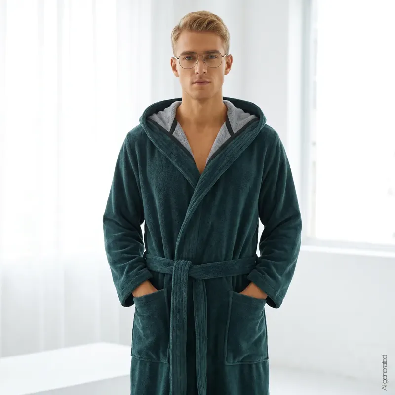 Cawö men's hooded bathrobe – Petrol 831-49