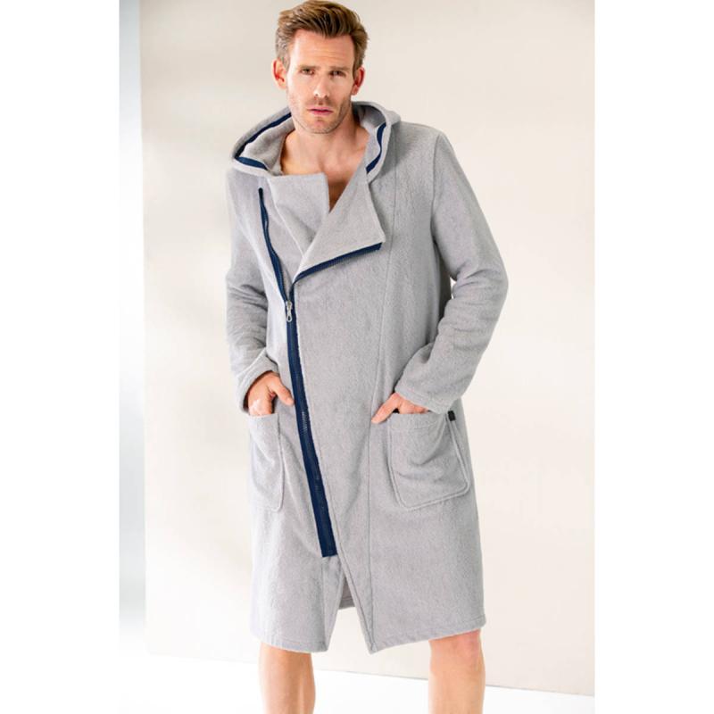 Cawö men's hooded terry bathrobe with diagonal zipper 6516-705