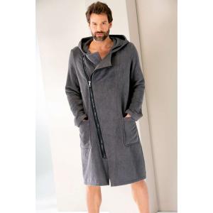 Cawö men's hooded terry bathrobe with diagonal zipper 6516-774