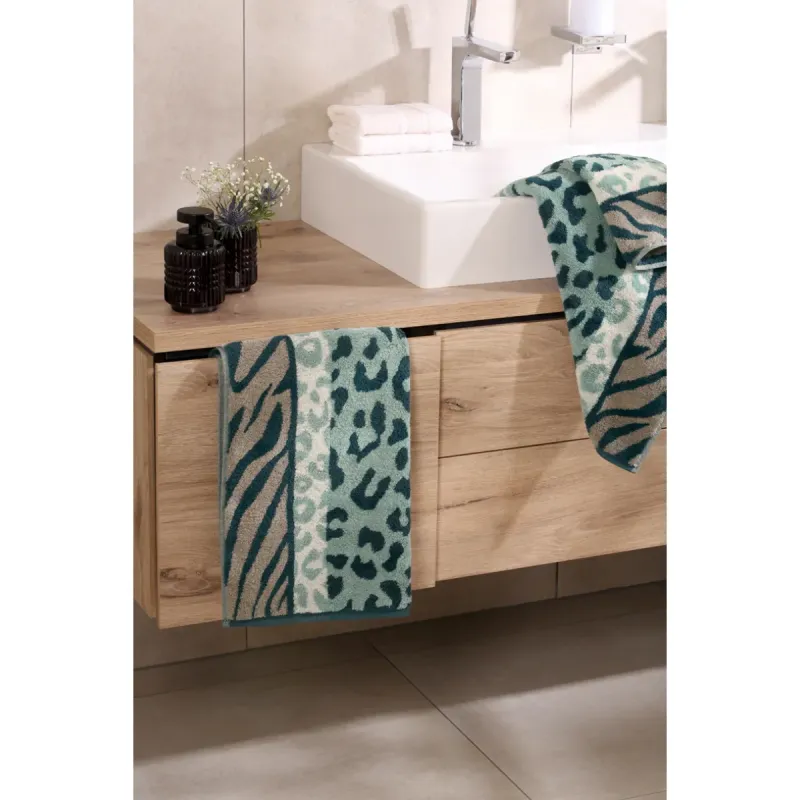 Cawö Noblesse Animal cotton towel, animal print – emerald green/teal 1090-44