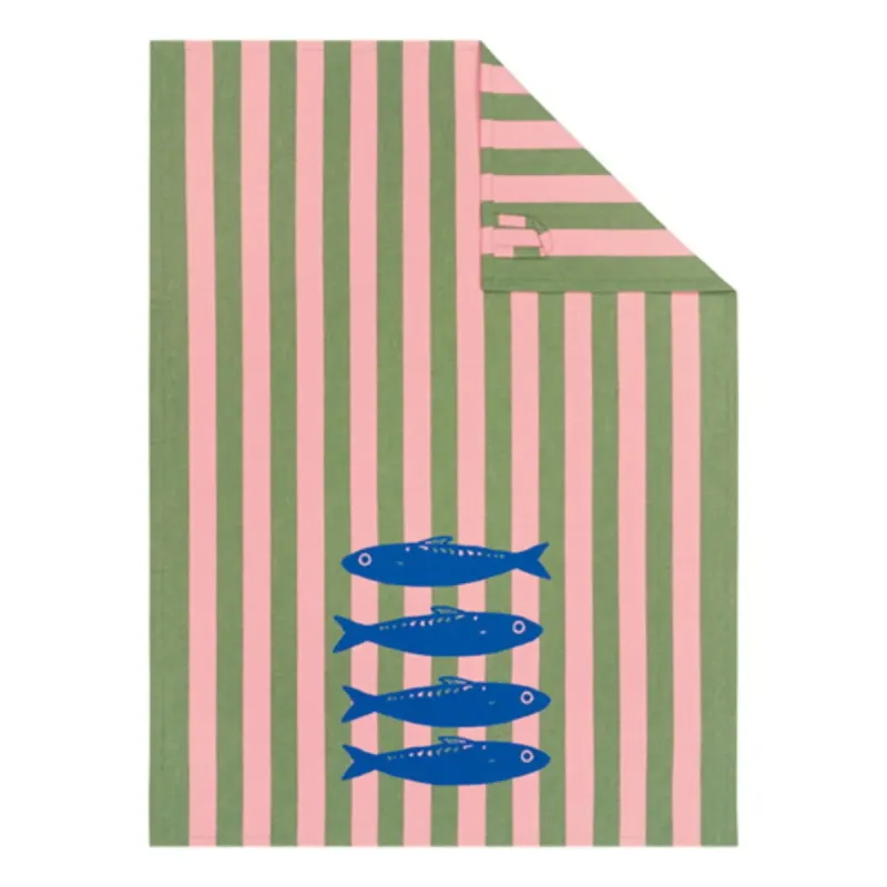Cawö Prints & Stripes kitchen towels 2-pack sardine print olive/pink 50×70 cm 543-24