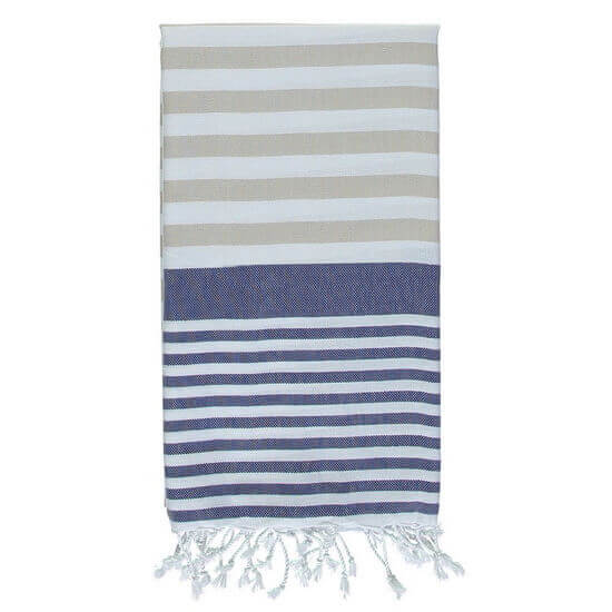 Turkish Towel Beige/Navy Travel, beach, Spa Towel with Fringes