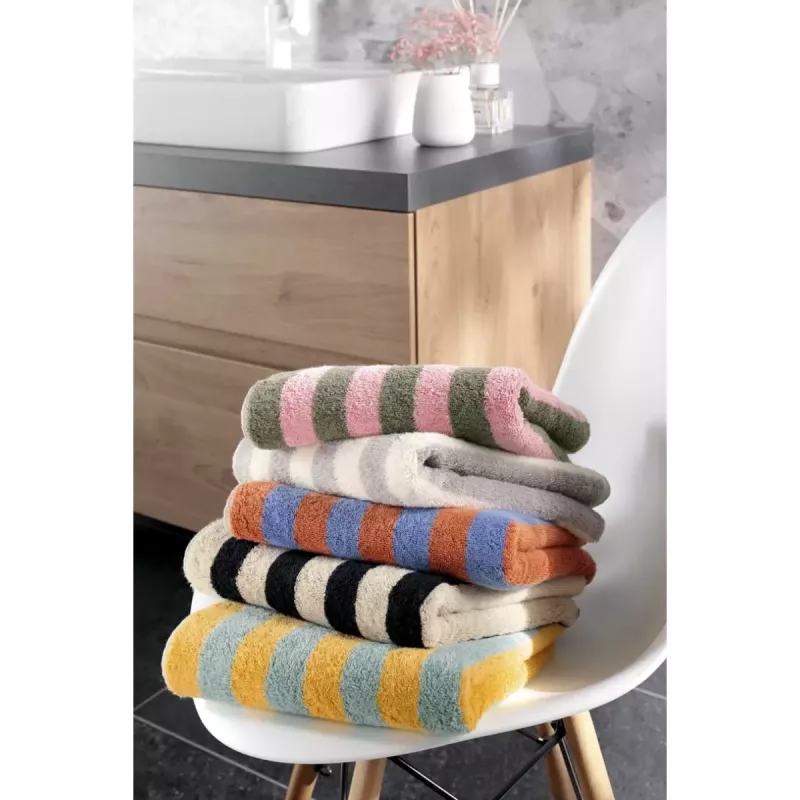 Handduk med breda ränder oliv-rosa 6277-42