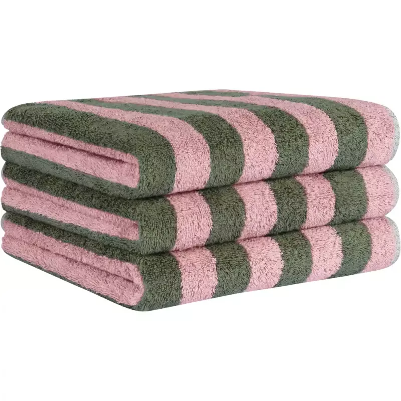 Handduk med breda ränder oliv-rosa 6277-42