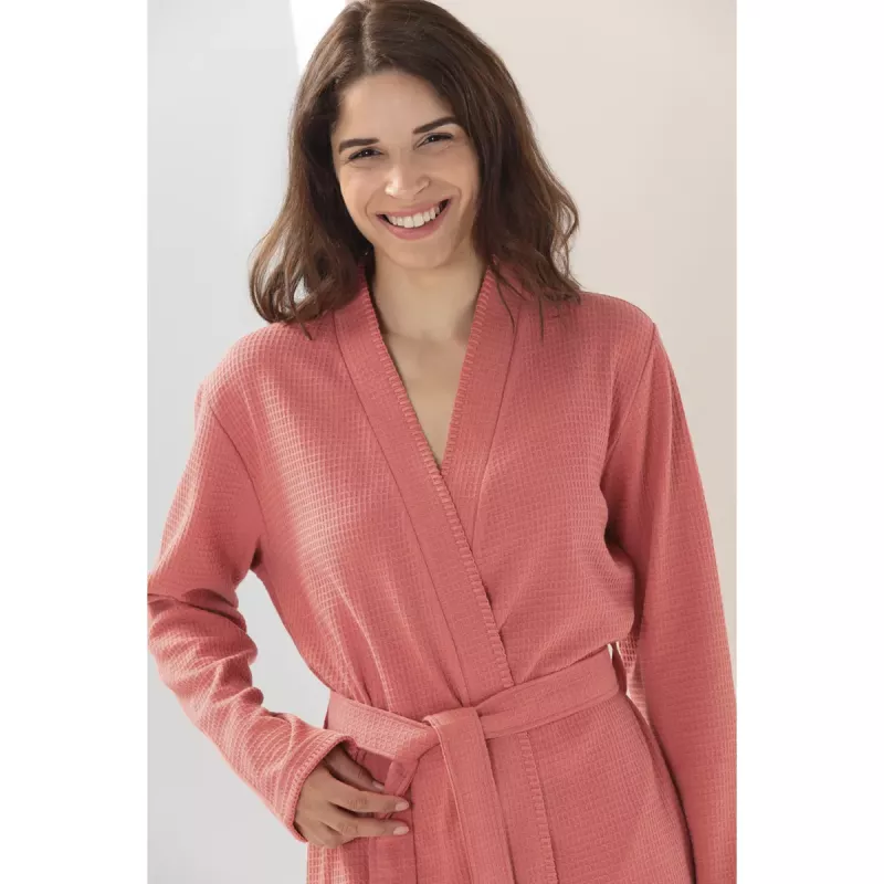 Light Women's Bathrobe in Kimono Style with Waffle Texture 812-22