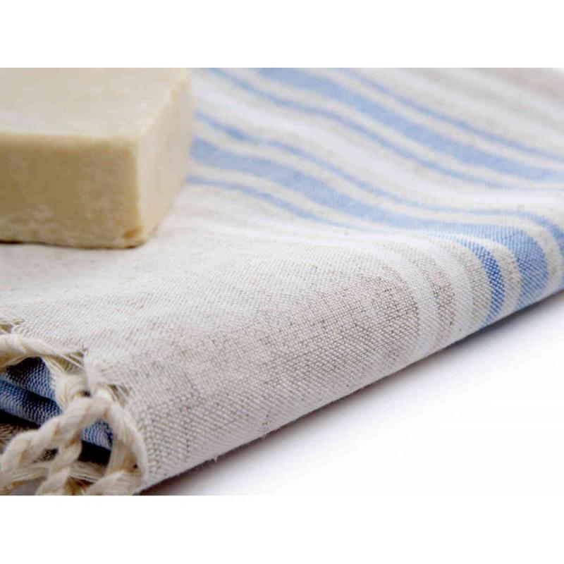 Handvävd turkisk linne hamamhandduk 100x40 cm 115g av 50% linne och 50% bomull blå & vitrandig