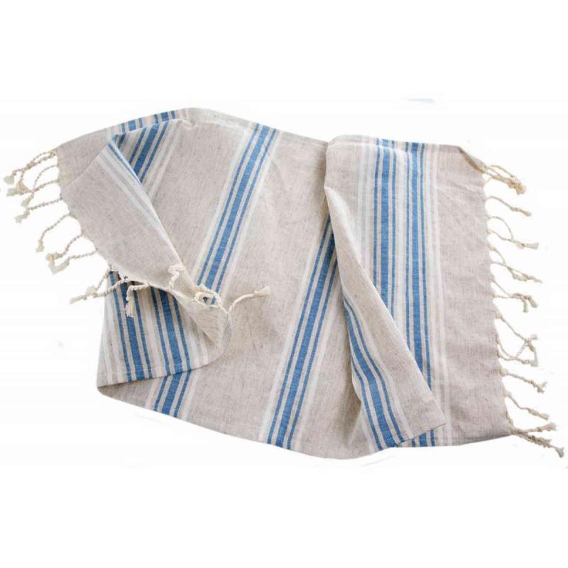 Handvävd turkisk linne hamamhandduk 100x40 cm 115g av 50% linne och 50% bomull blå & vitrandig