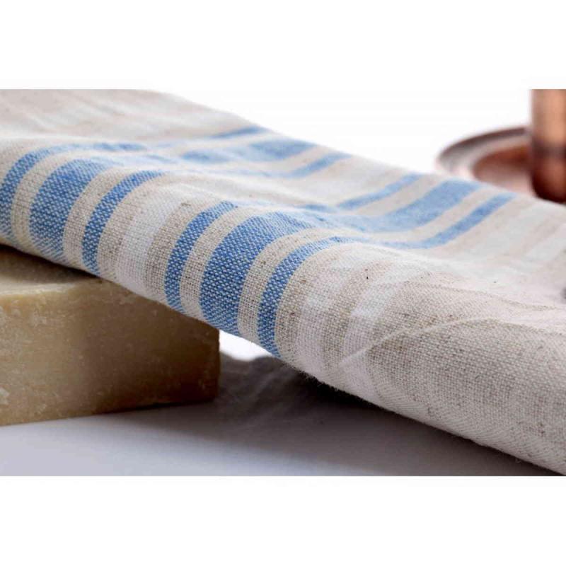 Hand loomed Turkish linen hammam towel 100x40 cm 115g of 50 linen and 50% cotton blue and white stripes
