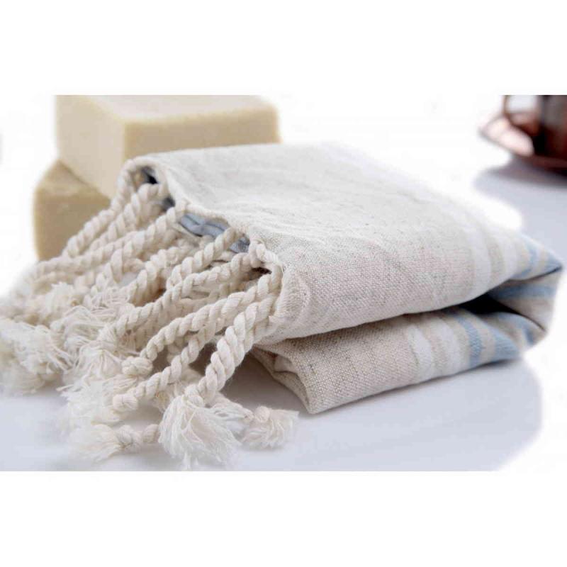 Hand loomed Turkish linen hammam towel 100x40 cm 115g of 50 linen and 50% cotton soft blue and white stripes