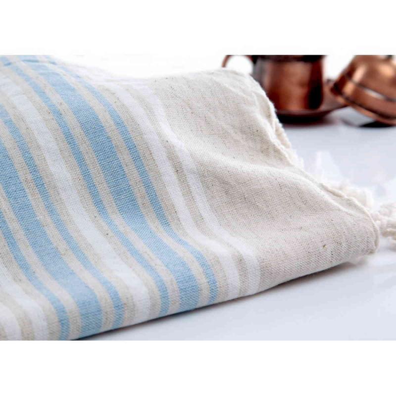 Hand loomed Turkish linen hammam towel 100x40 cm 115g of 50 linen and 50% cotton soft blue and white stripes