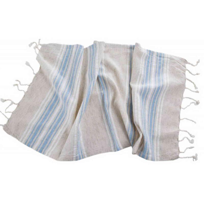 Hand loomed Turkish linen hammam towel 100x40 cm 115g of 50 linen and 50% cotton soft blue and white stripes