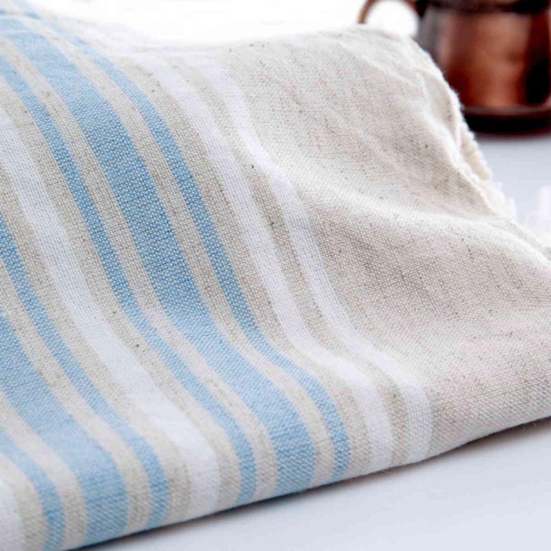 Hand loomed Turkish linen hammam towel 100x40 cm 115g of 50 linen and 50% cotton soft blue and white stripes