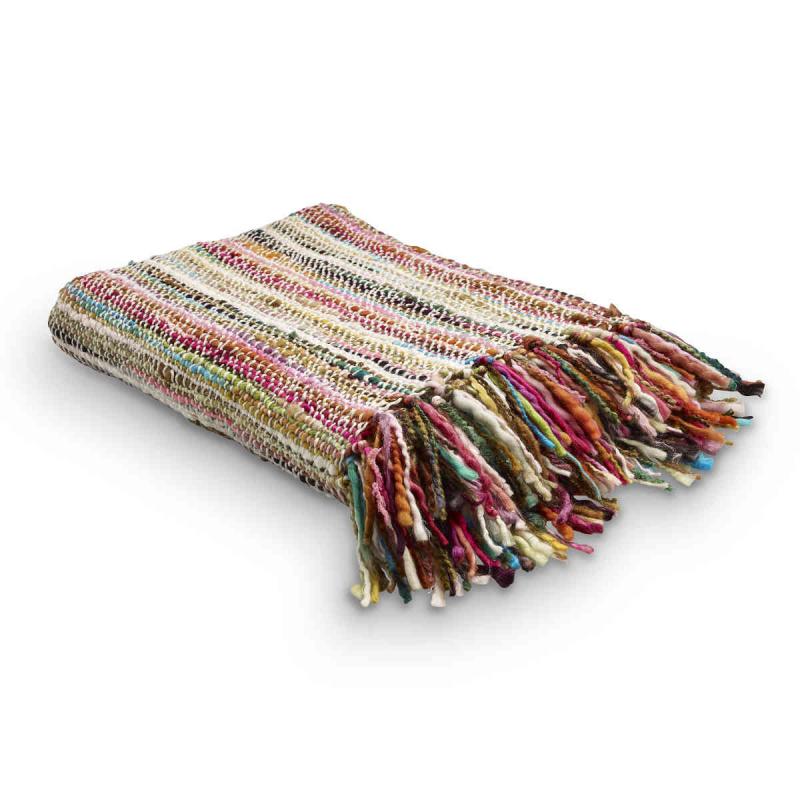 Woven plaid 130x170 cm patterned like a rag rug with fringes