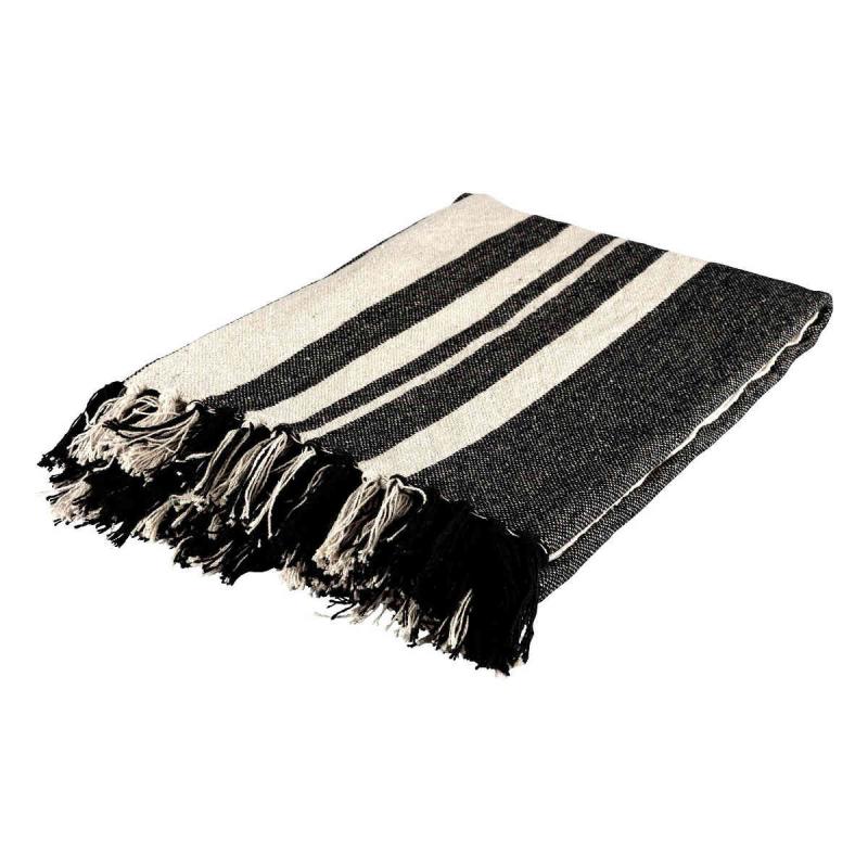 Woven striped blanket black, natural 130x160 of recycled cotton