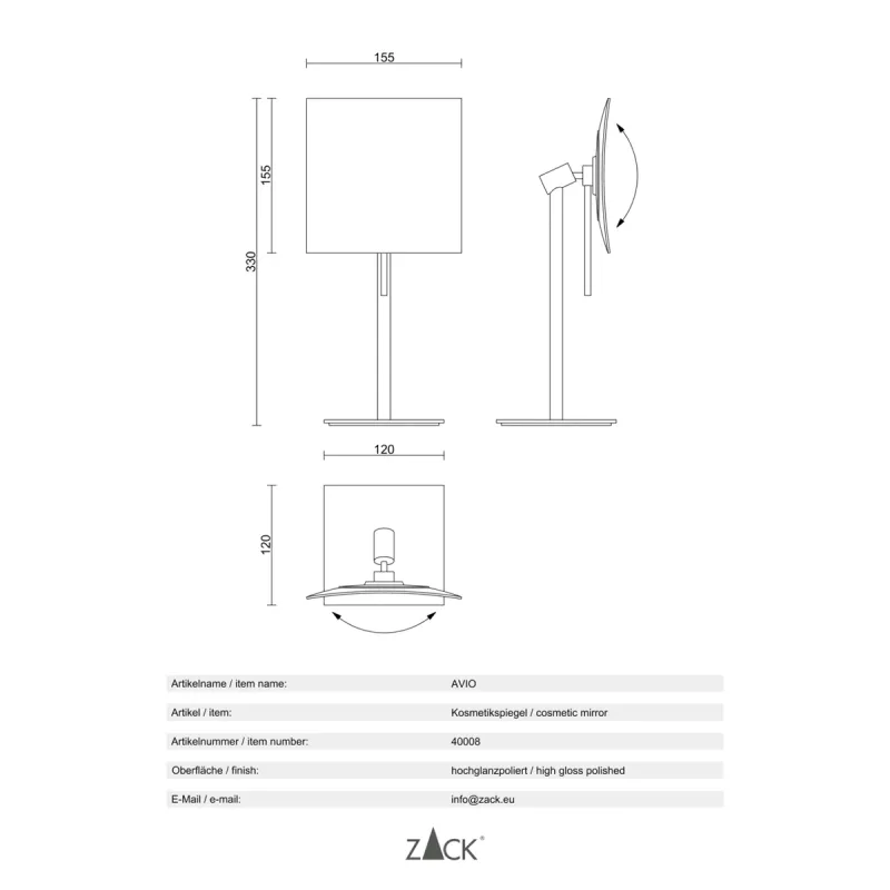 ZACK AVIO cosmetic mirror in stainless steel, polished