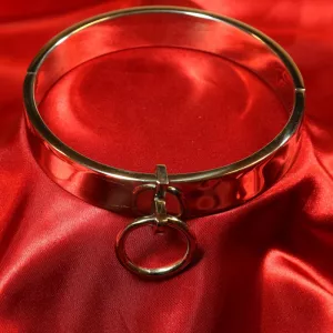 20 mm breites BDSM-Halsband aus rostfreiem Stahl mit hochglanzpolierter Oberfläche und abnehmbarem O-Ring auf Schiene. Größen: 105, 120, 135, 150 mm. Ein exklusives Stück der Chambers of Love Premium-Kollektion, das Stil und Funktion vereint.