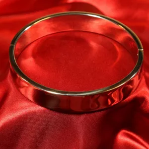 20 mm breites BDSM-Halsband aus rostfreiem Stahl mit hochglanzpolierter Oberfläche, ohne Schiene, mit abnehmbarem O-Ring. Größen: 105, 120, 135, 150 mm. Ein elegantes Stück der Premium-Kollektion von Chambers of Love.