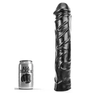 XXL Dildo AB19 Ådrig All Black 33 cm svart dildo med spiral-ådrig relief, visad bredvid All Black 33 cl referensburk för skala på vit bakgrund från Chambers of Love