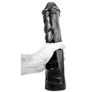 XXL Dildo AB19 Ådrig All Black 33 cm svart dildo med spiral-ådrig relief, hållen i vit hand för att visa stabilitet och grepp på vit bakgrund från Chambers of Love