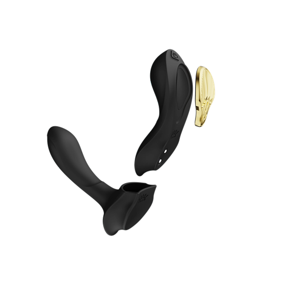 Musta AYA – kannettava alushousuvibraattori G-pisteadapterilla, sivukuva – elegantti ja huomaamaton nautinto Chambers of Lovelta.