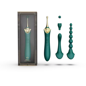 Vihreä BESS 2 -vibraattorisetti kaikkine tarvikkeineen ja ylellisessä lahjapakkauksessa – vain Chambers of Lovelta.