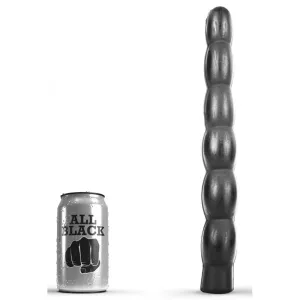 Dildo Stem AB16 från All Black Beaded i svart PVC bredvid All Black-burk för storleksreferens hos Chambers of Love