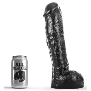 Dildo AB34 All Black Muskelkraft 24 cm svart PVC dildo med realistisk muskulös form och strukturerad yta, visad vid sidan av All Black 33 cl referens burk för skala, sugkopp synlig längst ned