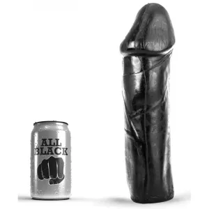 Dildo AB49 Dominator All Black 25 cm svart XXL-dildo med stor acorn-glans, visad bredvid All Black 33 cl referensburk för skala på vit bakgrund