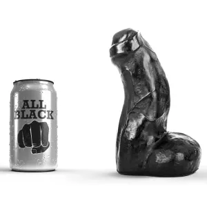All Black AB03 dildo 17 cm svart PVC med böj diameter 5,41 cm bredvid 33 cl referens burk från Chambers of Love