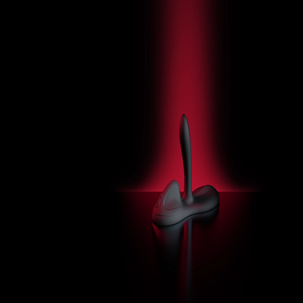 Valkoinen Flora-vibraattori ZALO:lta ylellisessä valokuvauksessa – musta tausta ja punainen valaistus korostavat luksusmuotoilua, osa Chambers of Loven ainutlaatuista valikoimaa