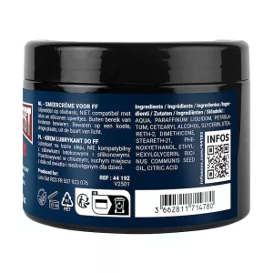 Fuck & Fist Cream 500 ml jar back – ingredients list, QR code to manufacturer's website for more information at Chambers of Love