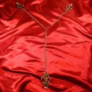 Japanese nipple-to-clit clamps with chain from Chambers of Love on red satin fabric