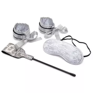 Complete Lace Bondage Kit for beginners from Chambers of Love on a white background – blindfold, handcuffs, and paddle. Elegant and playful starter set for sensual bondage.