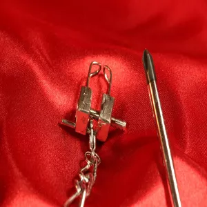 Detaljbild av näsklämma med koppel från Chambers of Love i rostfritt stål. Elegant design och högkvalitativ finish.