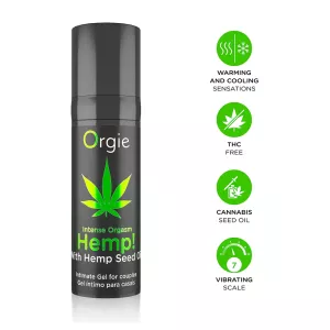 Orgie Hemp – Intense Orgasm Gel pump bottle with warming and cooling effect, THC-free, hemp seed oil and vibrating scale 7, from Chambers of Love.