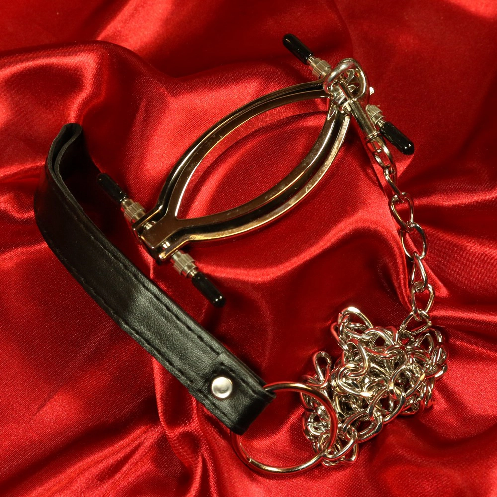 Häpyhuuliklipsi talutushihnalla Chambers of Lovelta – ylellinen BDSM-tarvike sensuelliin dominointiin ja intensiivisiin, kivuliaisiin sessioihin.