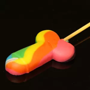 Penis-shaped lollipop in rainbow colors from Chambers of Love. Playful candy lollipop, perfect for Pride, bachelorette parties, or as a fun gift.