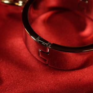 Lähikuva kiiltävän teräsrannekkeen lukosta, Chambers of Love.