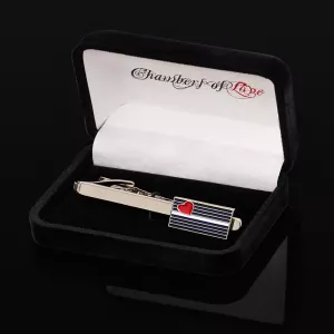 Polished metal tie clip with leather flag, an elegant and exclusive accessory for the proud and style-conscious. Perfect gift from Chambers of Love.
