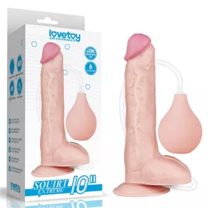 Suihkuva realistinen dildo 25 cm Love Toylta, saatavilla Chambers of Lovelta. Realistinen muotoilu ja suihkutoiminto, kuvattu pakkauksessaan valkoista taustaa vasten.