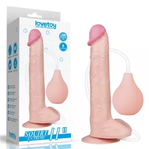 Suihkuva realistinen dildo 25 cm Love Toylta, saatavilla Chambers of Lovelta. Realistinen muotoilu ja suihkutoiminto, kuvattu pakkauksessaan valkoista taustaa vasten.
