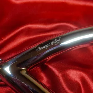 Närbild på vaginal bondagekrok ASB306 med Chambers of Love-gravyr i polerat rostfritt metall utförande från Chambers of Loves exklusiva sortiment