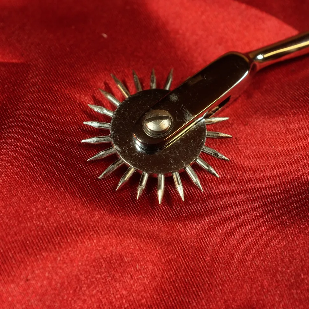 Close-up of single-wheel Wartenberg wheel in stainless steel from Chambers of Love – classic medical precision instrument for sensual stimulation.
