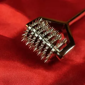 Nahaufnahme eines Wartenberg-Rads mit sieben Rädern aus Edelstahl von Chambers of Love – klassisches medizinisches Präzisionsinstrument für sinnliche Stimulation.