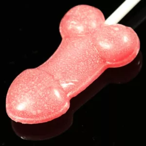 Close-up of penis-shaped lollipop from Chambers of Love – playful and sweet candy lollipop, perfect for bachelorette parties, Pride, or as a fun gift.