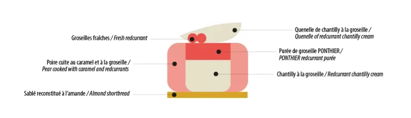 Montering och dekoration av päron & rödvinbärs tart