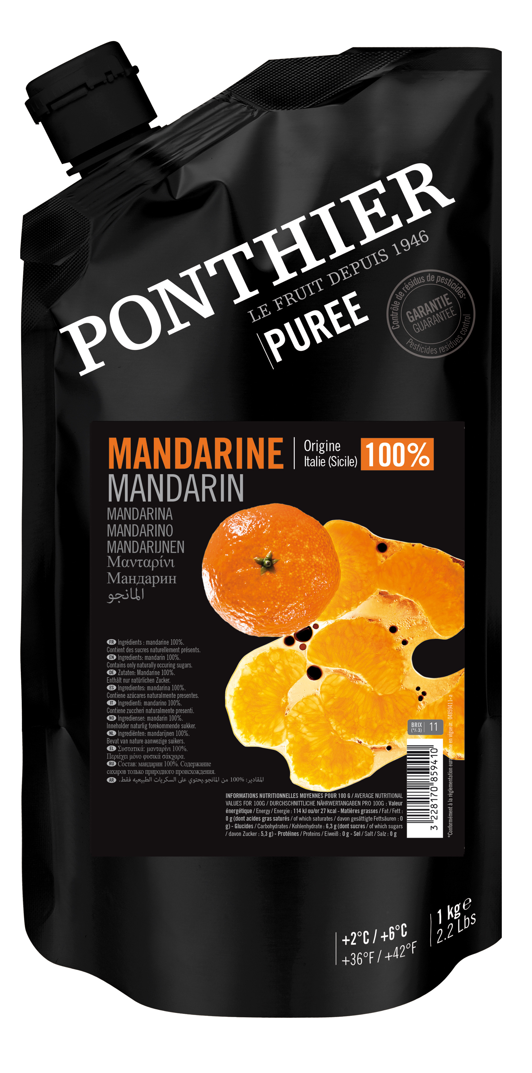 Kyld puré av 100% mandarin om ett kilo från Sicilien tillverkad av <b>Ponthier</b>.