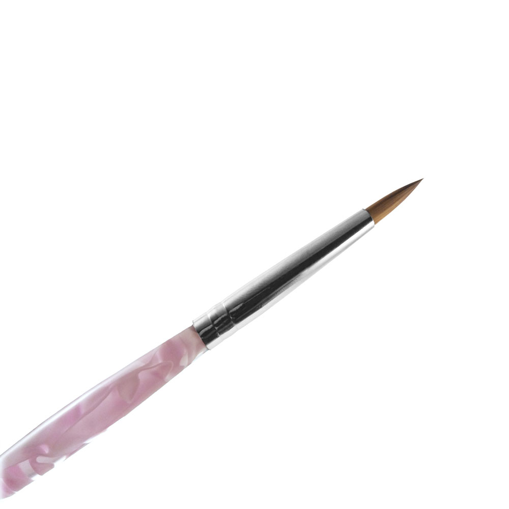 Pensel för skapandet av akryl naglar, med rund borst i äkta kolinsky hår  och ett klart skaft med marmoreringar i vitt och rosa.