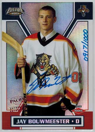 Jay Bouwmeester 2002-03 Pacific Exclusive #198 Autograph RC