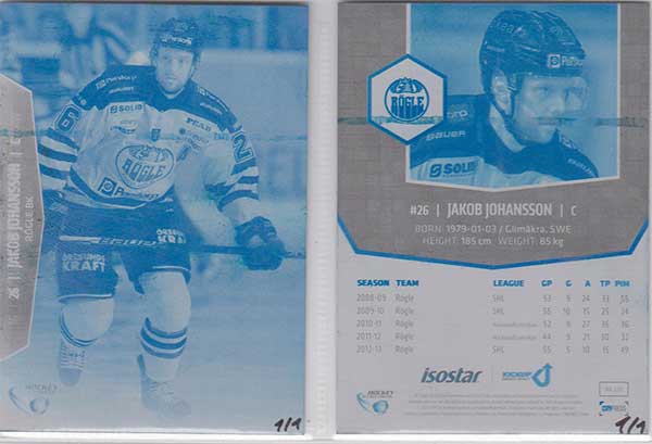 PRESS PLATES CYAN (cut from metal), 2013-14 HockeyAllsvenskan #HA-255 Jakob Johansson RÖGLE BK
